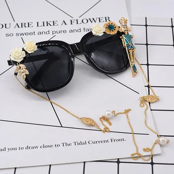 

Handmade Baroque King Doll Chain Decoration Sunglasses Women Retro Sun Glasses Flower Female High Quality Oculos De Sol Feminino