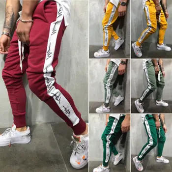 

New Mens Skinny Slim Pants 2019 Casual Letter Side Long Joggers Jogging Bottom Fleece Gym Pants Zip Pockets M-2XL