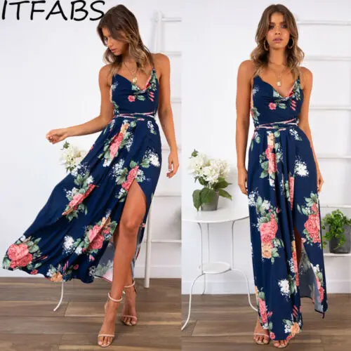 

Women Summer Boho Bandage Backless Long Maxi Dress Evening Party Beach Dresses Sleeveless V Neck Spaghetti Strap Split Dresses