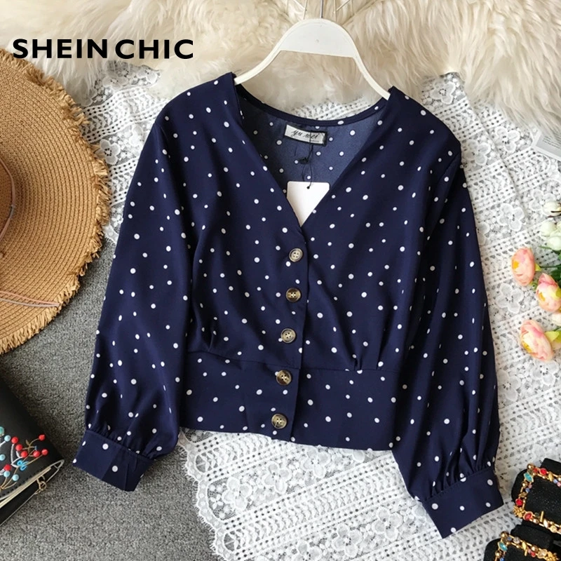 

Spring Runway Tops 2019 Korean Style Elegant V-neck Long Sleeve Polka Dot Chiffon Blouses Womens