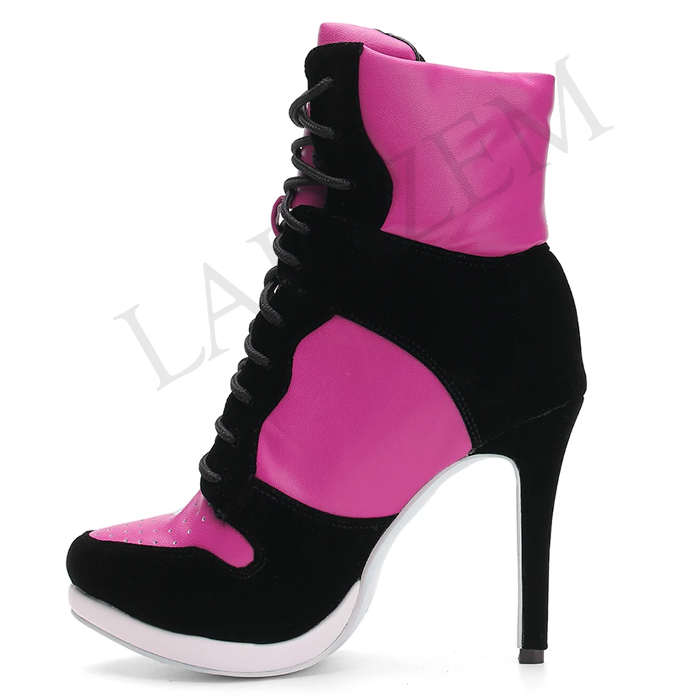 

LAIGZEM SUPER Cool Women Ankle Boots Adjustable Lace Up Heel Boots Ladies Shoes Woman Botines Mujer 2019 Small Big Size 34-47