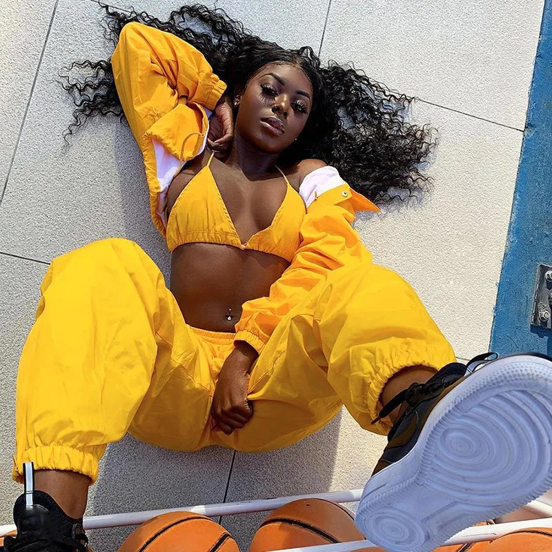

Neon Green Streetwear Long Pants Womens Midi Waist Spring Casual Trousers Loose Summer Straight Pant Joggers Sweatpants