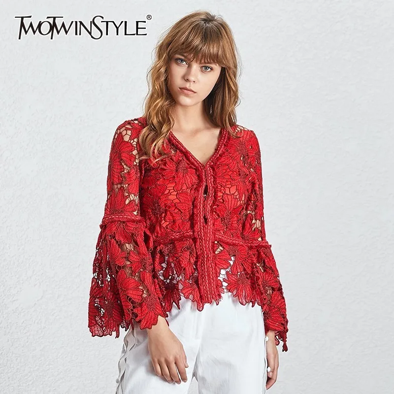 TWOTWINSTYLE модная красноватая женская рубашка с v образным вырезом и длинным