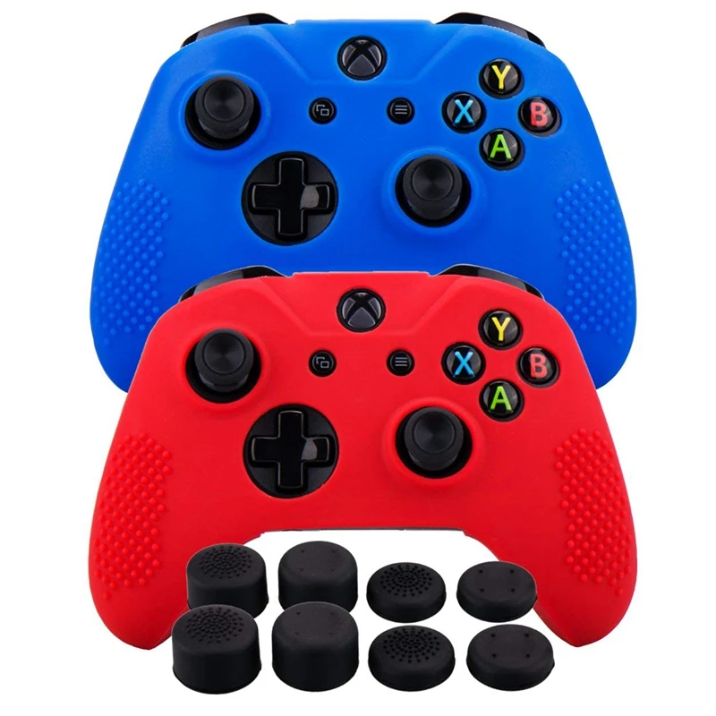 

Silicone Rubber Cover Skin Case Anti-Slip Studded Customize For Xbox One/S/X Controller X 2(Red And Blue) + Fps Pro Extra Heig