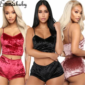 

Popular Solid Sling Sexy Sleeveless Ladies Summer Women Sexy Velvet Two piece Lingerie Sleepwear Lace Nightwear Pajamas Chemise
