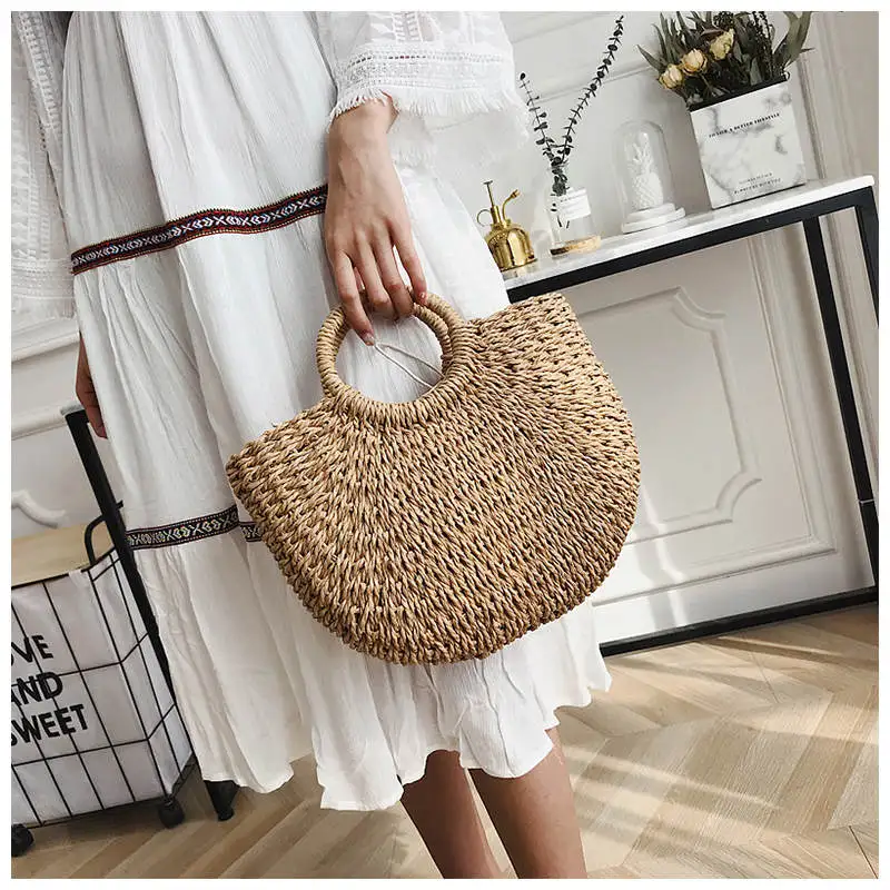 

Voless Women Bag Korean Foreign Of Corn Skin The Semicircle Art Beach Bag Handmade Travel Pictures Props Straw Bag Moon Bag New