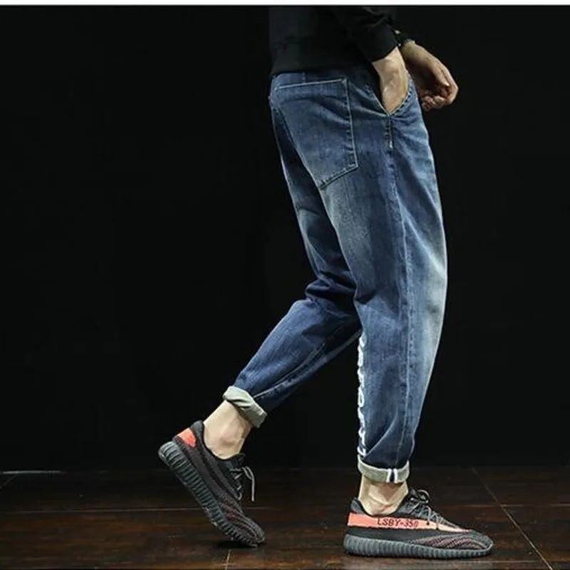 Black Blue Japanese Streetwear Ripped Jeans For Men Size 42 Loose Fashion Casual Joggers Jeans Man Letter Patchwork Autumn