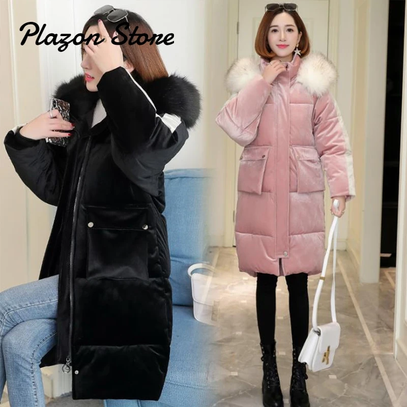 

Gold Velvet Parka Bubble Coat Thick Warm Womens Coats Winter Fur Parka Puffer Jacket Fur Collar Lolita Doudoune Femme Hiver