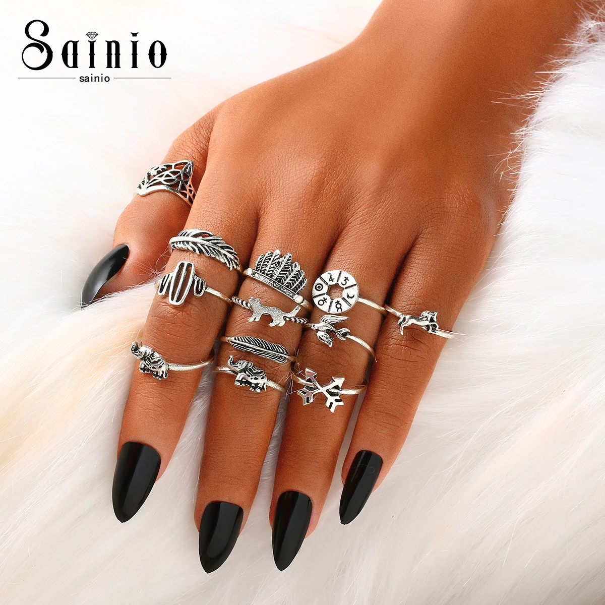 

Sainio 12 pcs/ set Elephant Fox Rings Vintage Cactus Leaf Rings Set Bohemia Hollow Bird Lion Shape Carved Midi Finger Rings