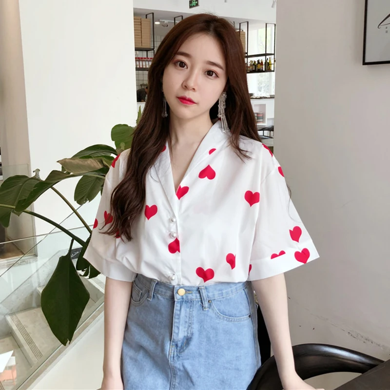 Новый красный сердце blusas модный бренд женские летние футболки белый отложной