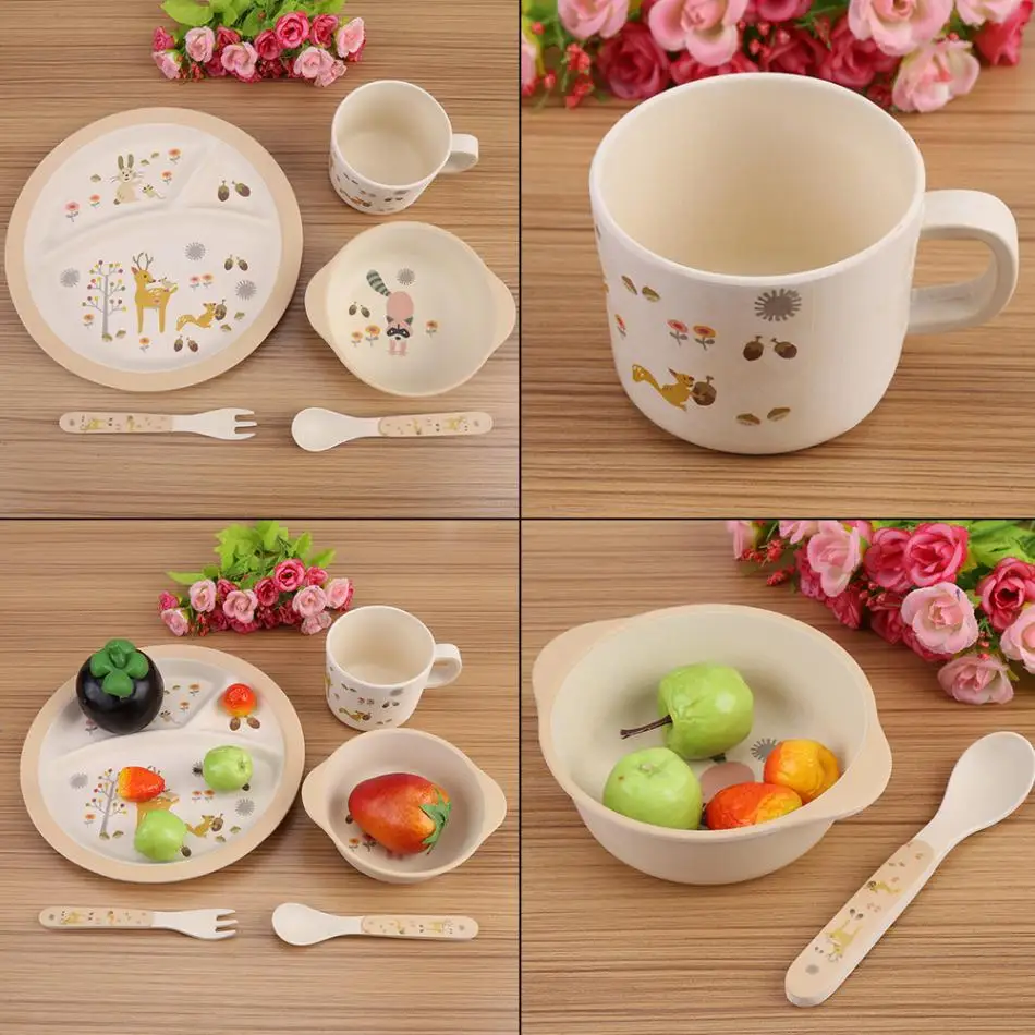 

ESTINK 5 Pcs/set Bamboo Fiber Baby Feeding Dishes Food Container Children Tableware children Dishes Dinnerware Plate For Kids