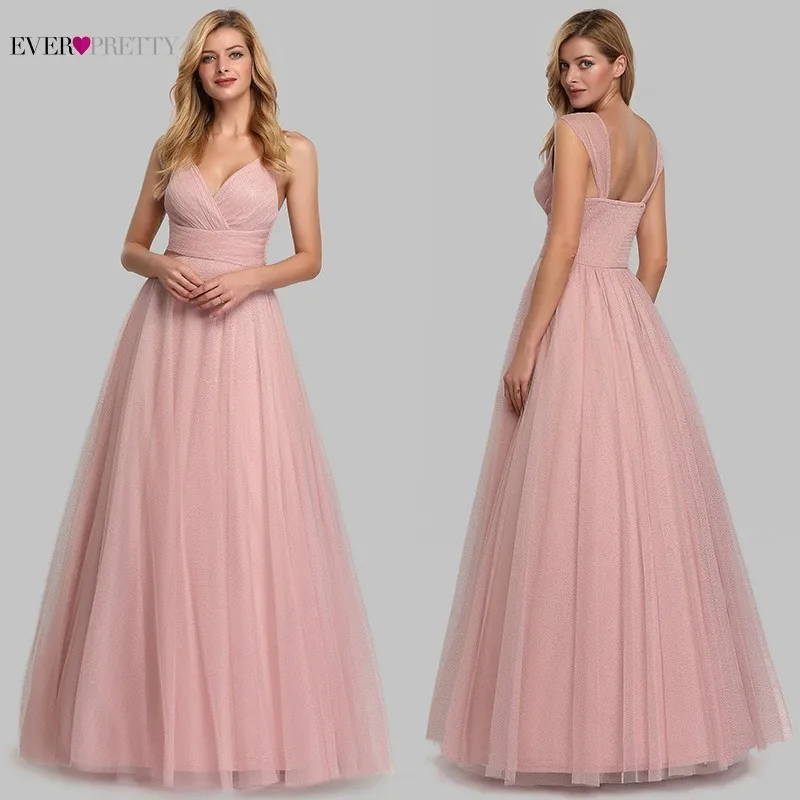 Pink Simple Evening Dresses Long Ever Pretty V-Neck A-Line Sleeveless Tulle Women Elegant Formal Party Dresses Robe De Soiree Pink Simple Evening Dresses Long Ever Pretty V-Neck A-Line Sleeveless Tulle Women Elegant Formal Party Dresses Robe De Soiree
