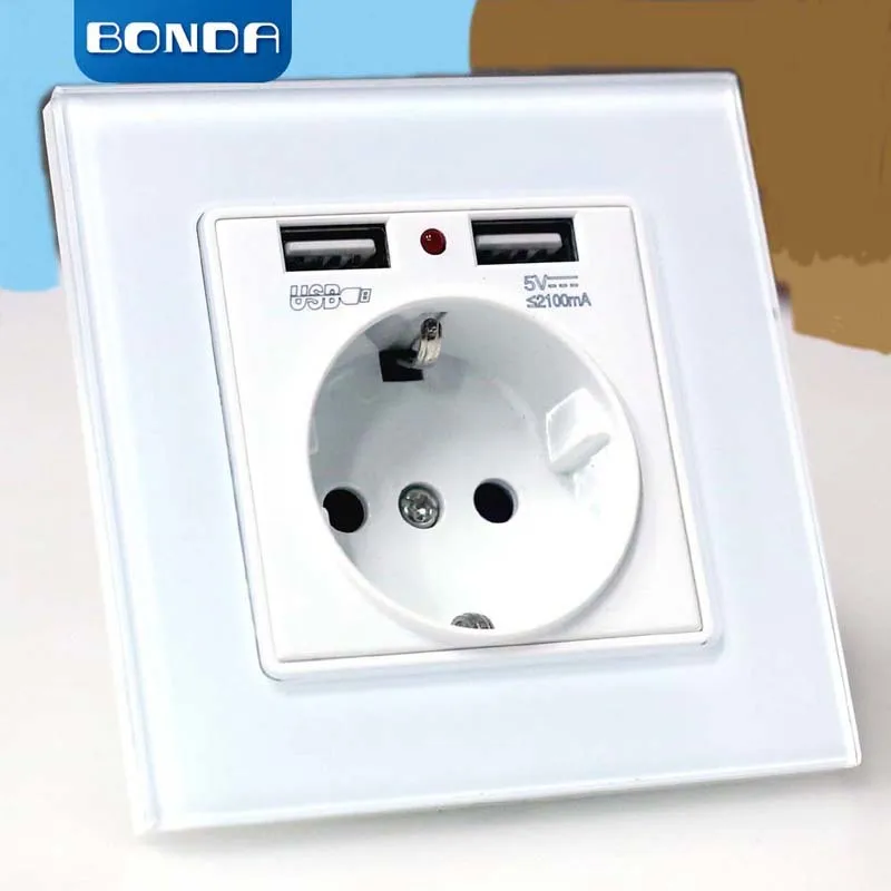 EU wall Power plug Socket with usb outlet, Glass 2A Dual USB Charger plug wall outlet, 16A 2100ma Electrical Wall Power Socket EU wall Power plug Socket with usb outlet, Glass 2A Dual USB Charger plug wall outlet, 16A 2100ma Electrical Wall Power Socket
