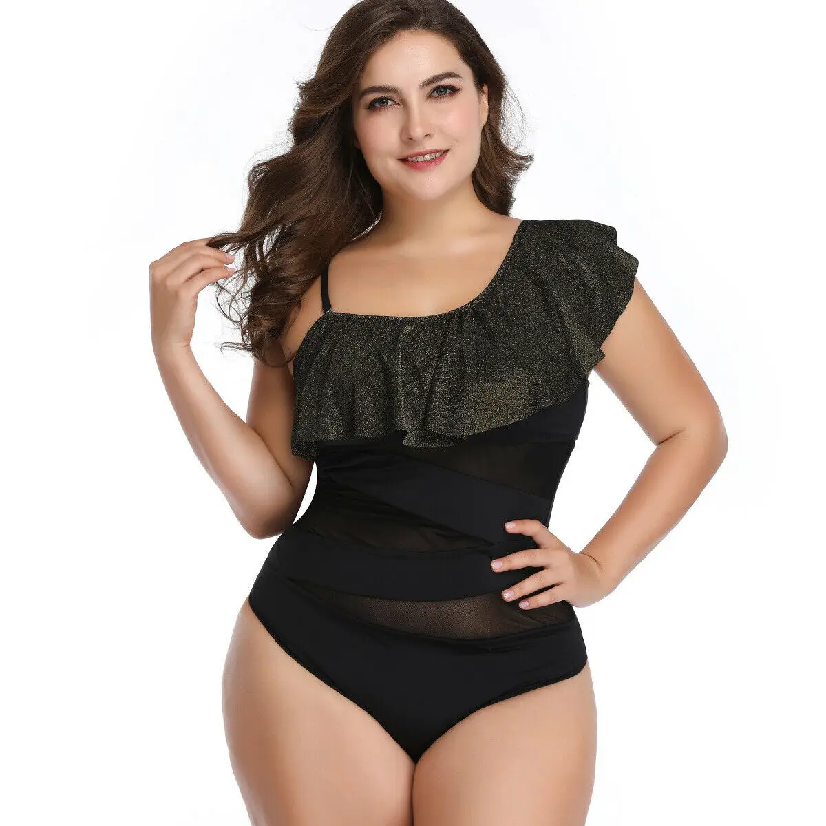 Women's plus size one-piece swimsuit pure color push-ups ruffle Monokini sexy | Спорт и развлечения