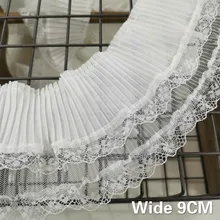 9CM Wide Double Layers Tulle White Pleated Guipure Lace Fabric Collar Elastic Ruffle Trim Ribbon Dress Skirt Sewing Tassel Decor asymmetric ruffle trim ditsy skirt