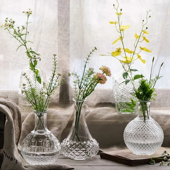 

Retrotransparent Glass Flower Vase Small Mouth Vase Terrarium Plants Flower Hydroponic Diy Bottle Vase For Home Decoration
