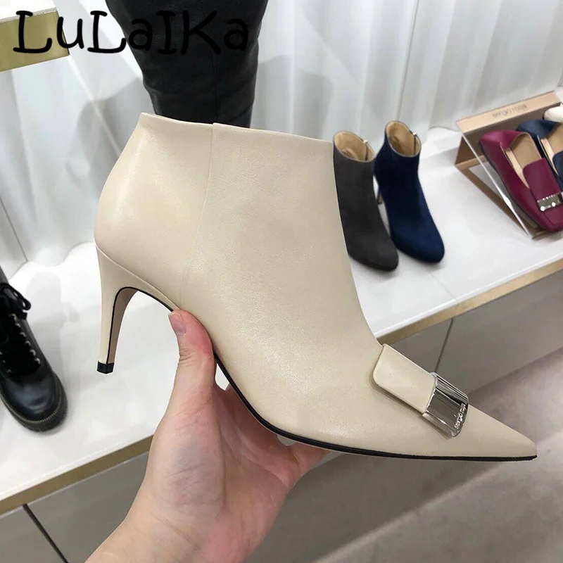 

2018 Brand High Heels Lady Ankle Boots Sexy Patent Leather Zip Metal Button Pointed Toe Woman Party Wedding High Heel Shoes