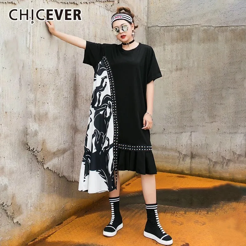 CHICEVER летнее платье с заклепками в стиле пэчворк принтом женское круглым вырезом