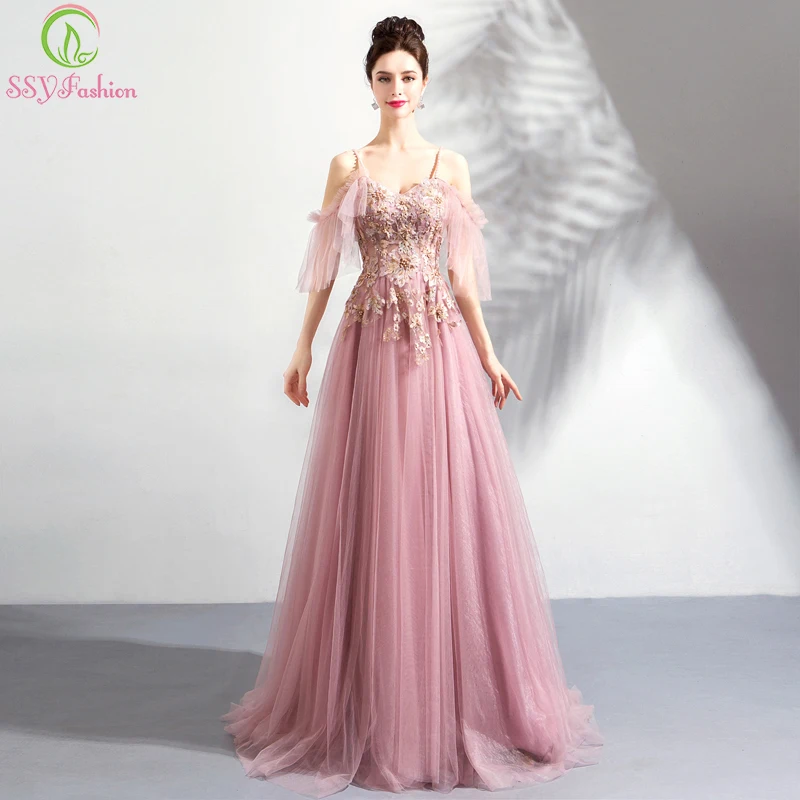 Ssyfashion New Sweet Pink Lace Evening Dress Sexy Vneck Strap Floor