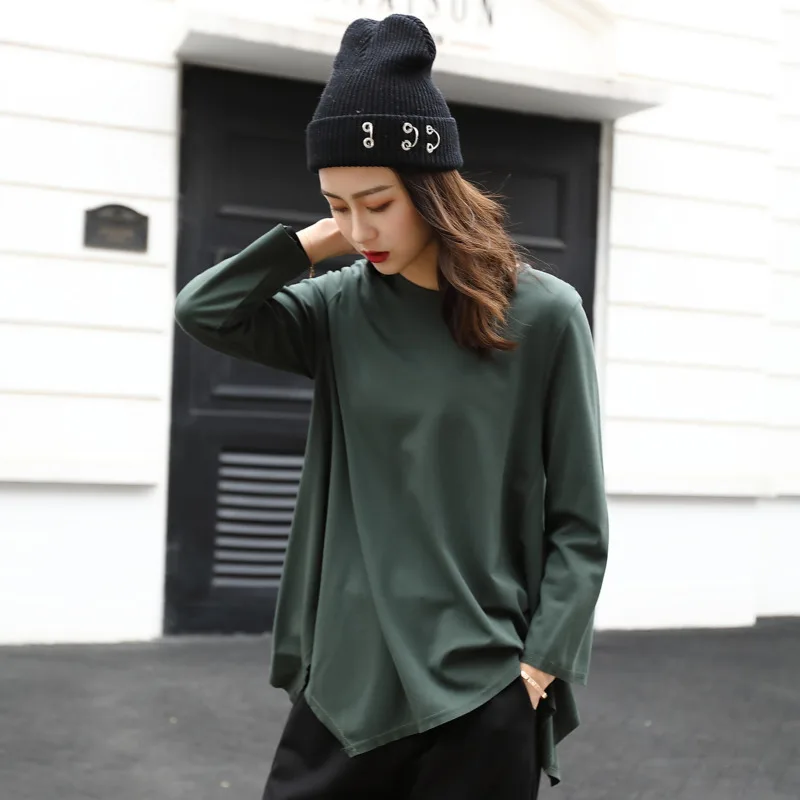 

[EWQ] 2018 spring new fashion tide O-neck full sleeve solid color irregular tailoring personalized T-shirt women QC01406