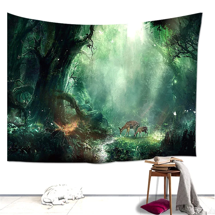 

Loartee Fantasy Rain Jungle Green Forest Deer Tapestry Nature Beauty Room Wall Hanging Decoration Curtain
