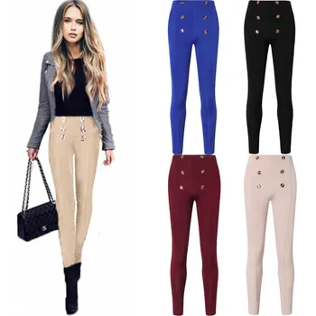 

Elegant Office Lady Solid Colors Skinny Leggings 2019 New Autumn Girl High Waist Workwear Women Button Stretch Leggings Trousers