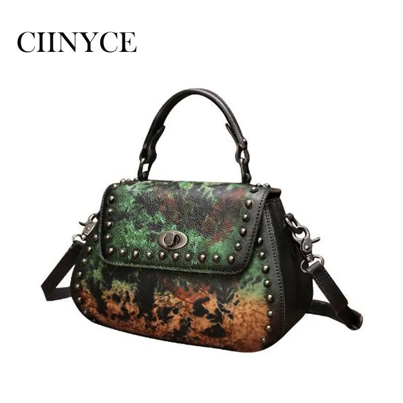 

Women Handbags Retro Leather Flower Imprint Lady Hobos Small Tote Rivet Nature Cow Skin Messenger Bags Diagonal Famous Brand