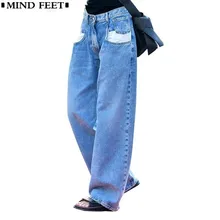 MIND FEET женские джинсы Широкие повседневные свободные винтажные синие белые брюки полномерная прямая женская мода над размером джинсовые брюки