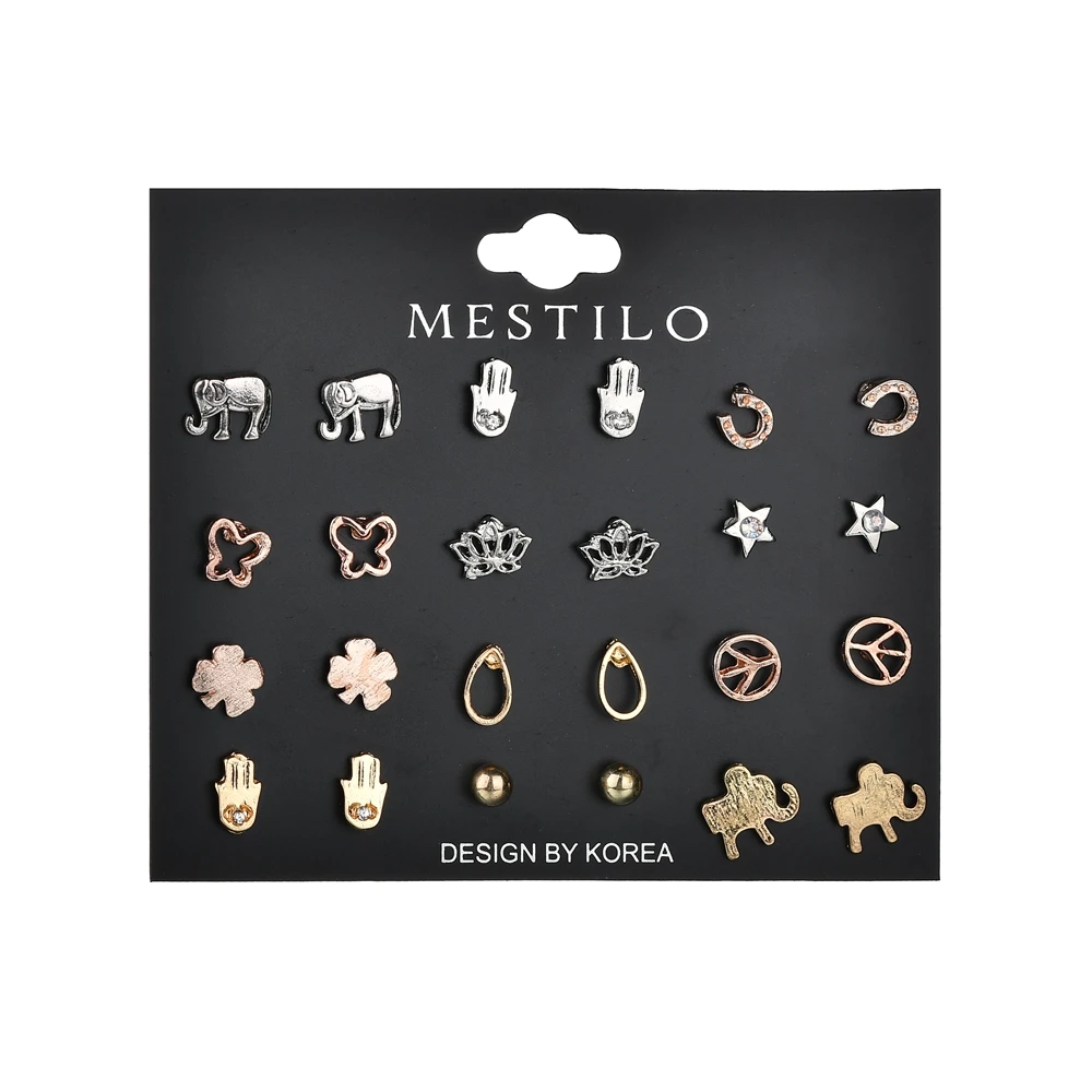 

MESTILO 100% Environmental 12 Pairs/set Mini Gold Rose Gold Silver Classic Hamsa Hand Elephant Peace Love Earrings Set For Women