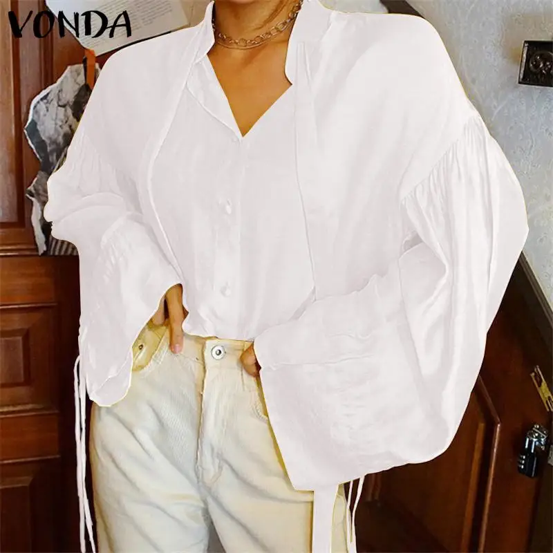 

VONDA Women Blouses Shirts 2019 Summer Ladies Sexy Elegant V Neck White Blouse Female Tops Casual Loose Blusa Feminina Plus Size