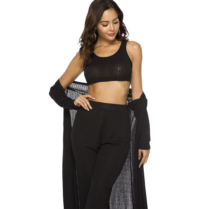 VITIANA Women Three Pieces Long Sets Female 2019 Maxi Long Trench Cardigan Halter Bra Tops Full Length Pants Long Trousers VITIANA Women Three Pieces Long Sets Female 2019 Maxi Long Trench Cardigan Halter Bra Tops Full Length Pants Long Trousers