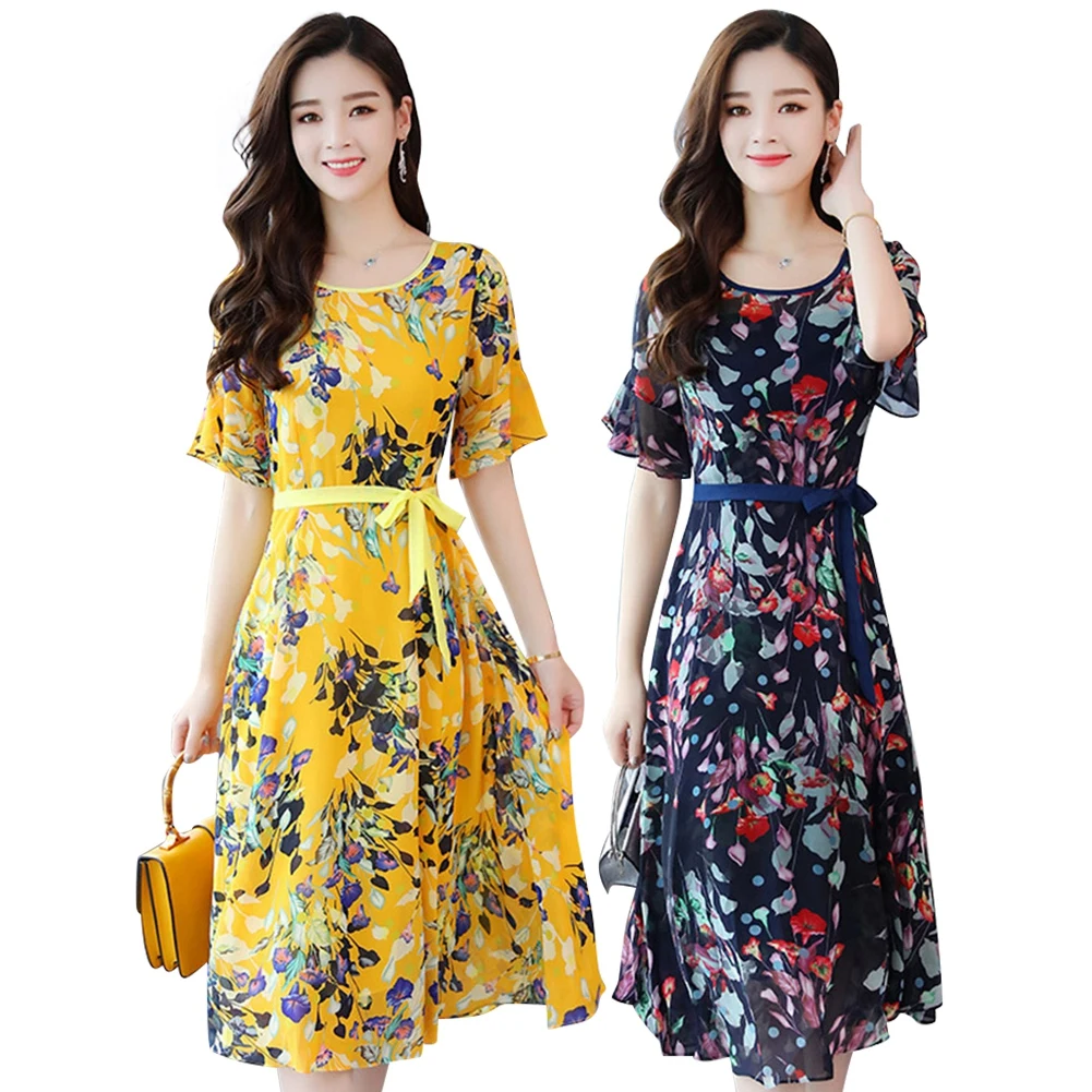 

Women Lady Elegant Printed Floral Round Neck Swing Flared Midi Dress Bowknot Belt