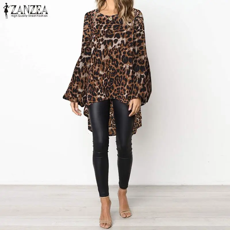 Леопардовая блузка ZANZEA, летняя, с принтом, шикарная туника, топ, для женщин, на каждый день, рукав-фонарик, Irrugular, свободные, вечерние, рубашка, Blusas Femme
