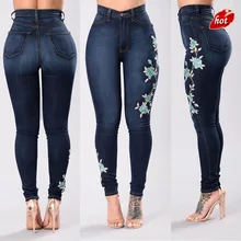 Летние женские джинсы с вышивкой, плюс размер, прилегающие брюки-карандаш, синие джинсы с высокой талией, Стрейчевые узкие облегающие, большие размеры O8R2