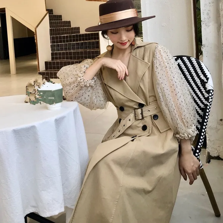 Fashion Dot Mesh Puff Patchwork Windbreaker Female's Double Breasted Long Type Coat Long Sleeve Trench Coat