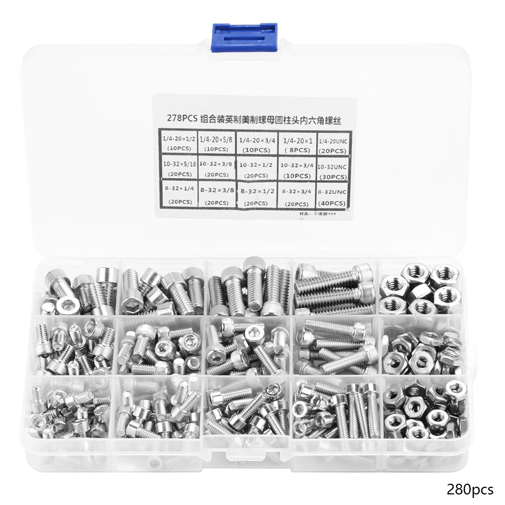 

280pcs Stainless Steel Hex Socket Cap Head Bolts Hex Screw Assortment Kit