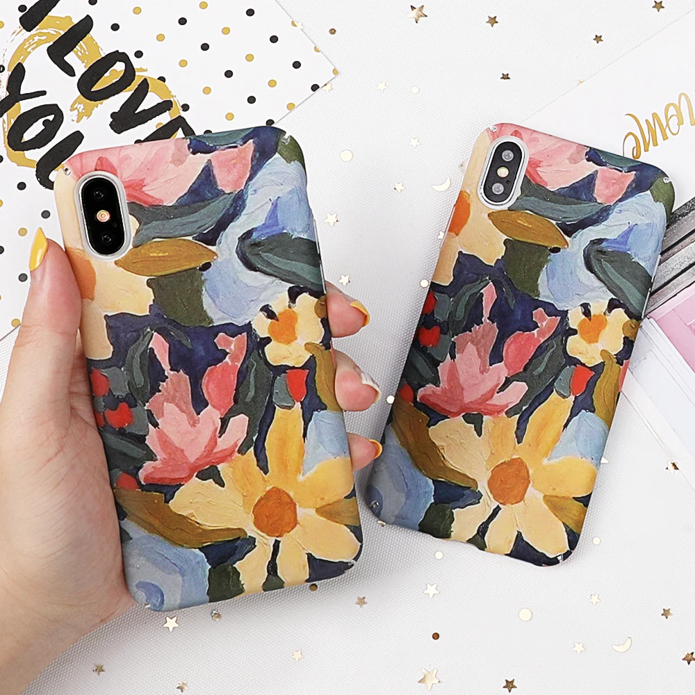 

LOVECOM Retro Watercolor Painting Flower Case For iPhone XS Max XR XS X 6 7 8 Plus Hard PC Full Body Coverage Shell Protector