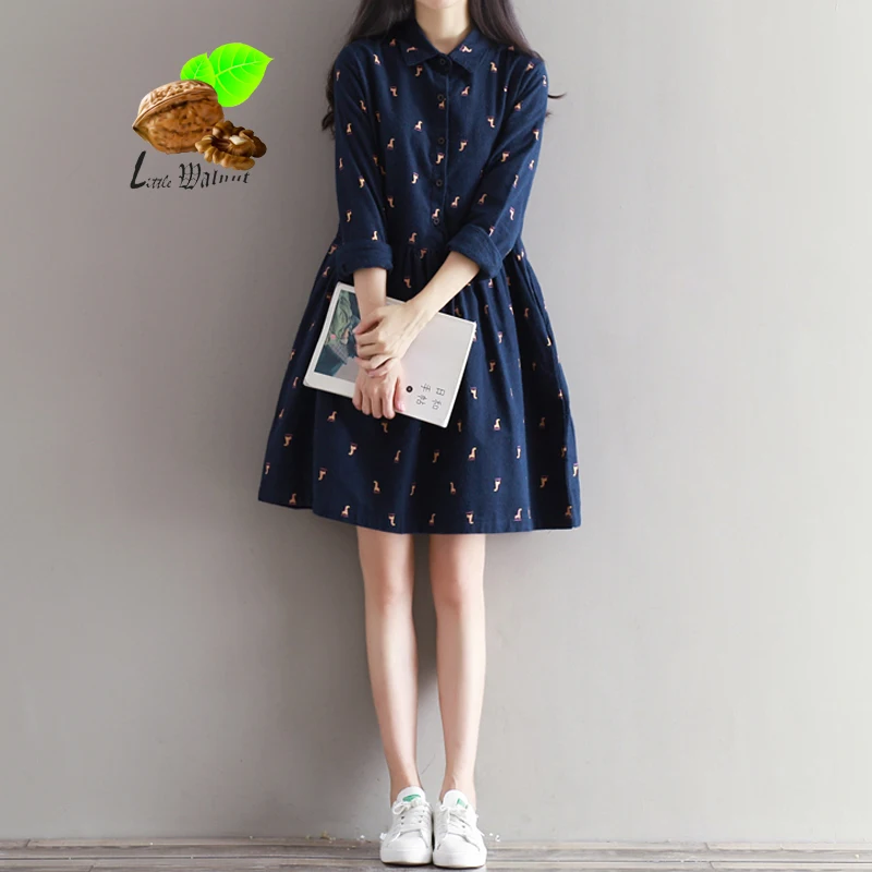 

2017 women vintage cotton cashmere casual dress long-sleeve cotton sanded basic dresses one-piece women Retro clothing fashion