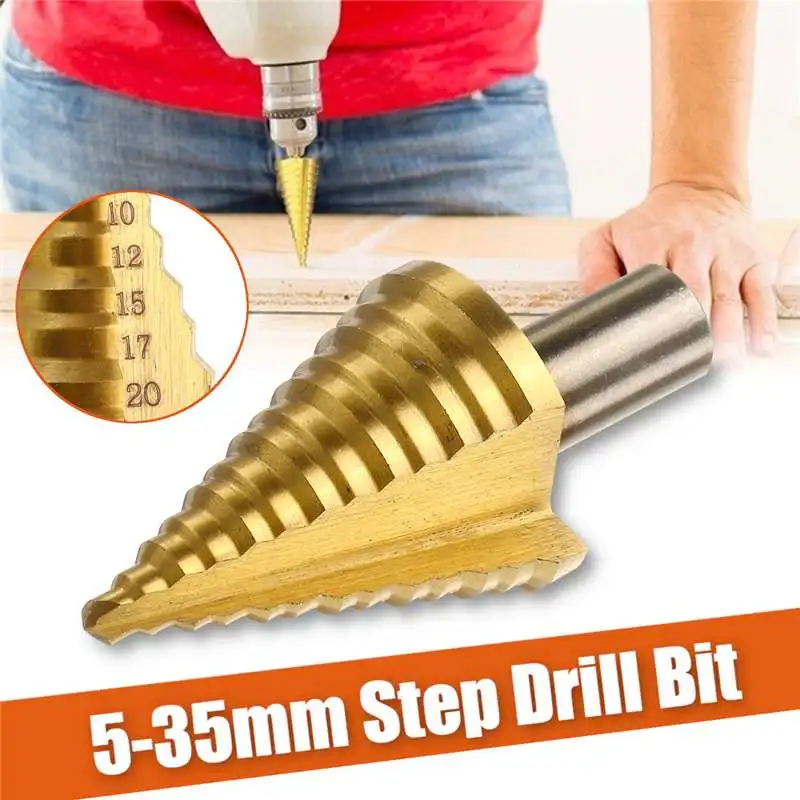

13 Step HSS 5-35 mm Cone Drill Bits Hole Cutter Bit Set Fluted Edges Step Drill Bit Reamer Triangle Shank Wood Metal Drilling