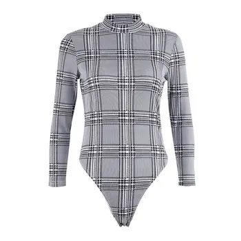 

Women Autumn Sexy Long Sleeve Skinny Bodysuit Ladies Plaid Top Romper Jumpsuit