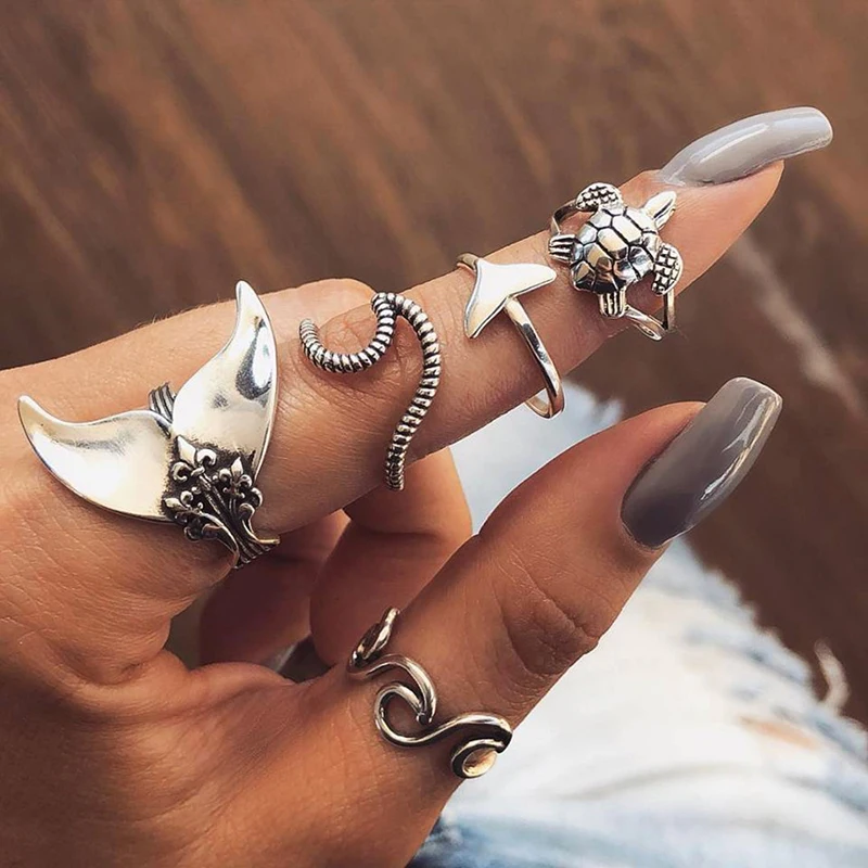 

5pcs/set vintage silver turtle fish ring set bohemian geometric silver unique ring joint finger chain seaside fashion jewelry