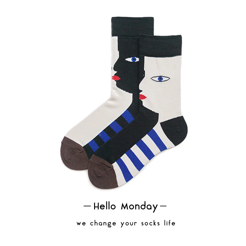 Хлопок дополнительный цвет зима асимметричный дизайн женщин сплайсинга мультфильм забавные носки Harajuku Повседневные Удобные носки из хлопка