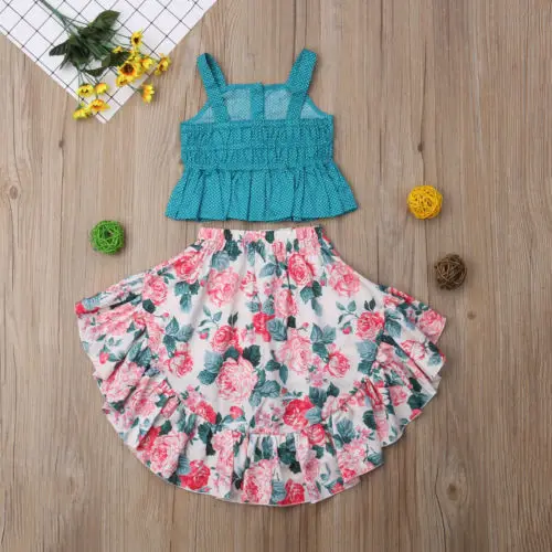 Комплект из 2 предметов с цветочным принтом; летняя одежда для маленьких девочек; платье; топ+ комплект юбки; модная одежда