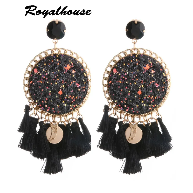 

Royalhouse Bohemian tassel Earrings Metal Big Earring Flash leather Earring Large Long Brinco Ear Oorbellen bridal hair accessor