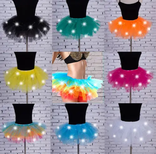 New 8Colors Skirt Women Girl LED Light Up Tulle Tutu Dancing Skirt Fancy Hip Hop Hen Party Halloween Costume 8 Layers