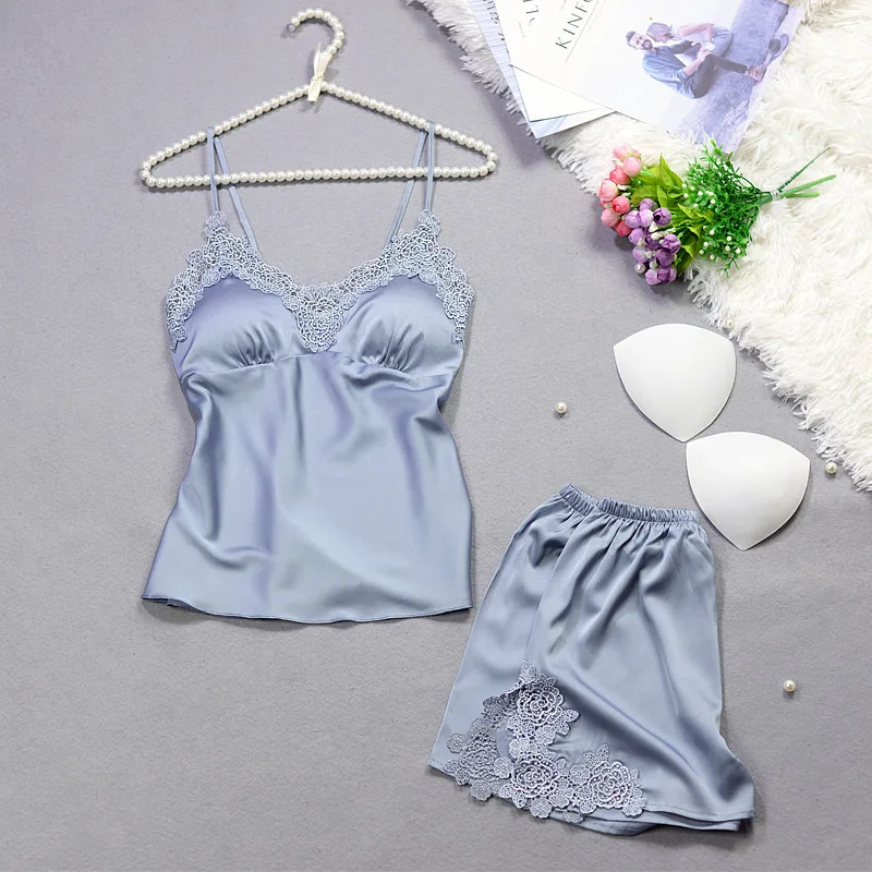 

Summer Mujer Sexy Silky Pajamas Lingerie Sling+shorts 2 Piece Silk Solid Femme Lace Embroidery Deep V Women Sleepwear Set Pyjama