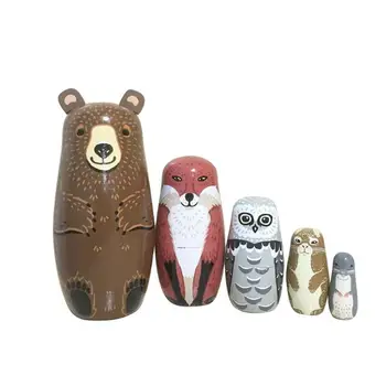 

5pcs/set Animal Bear Ear Nesting Dolls Handmade Wooden Russian Matryoshka Dolls Home Decoration Toys