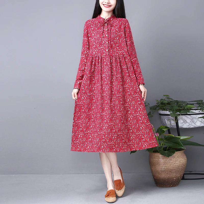 

2019 Spring Women Vintage Floral Printed Cotton Linen Dress Ladies Long Sleeve Casual Vestido Female Knee-Length Dresses
