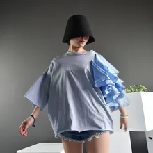 [DEAT] autumn New Fashion Flower Ruffles Side Loose Big Size Short-style Half Sleeve White T-shirt Woman Y256