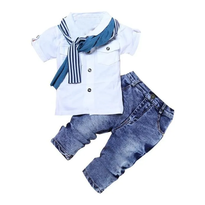 

1set Kids Baby Boys Short Sleeve T-shirt Tops+scarf+trousers Clothes Outfits Baby Boy Clothes Bebek Giyim Casual Cotton